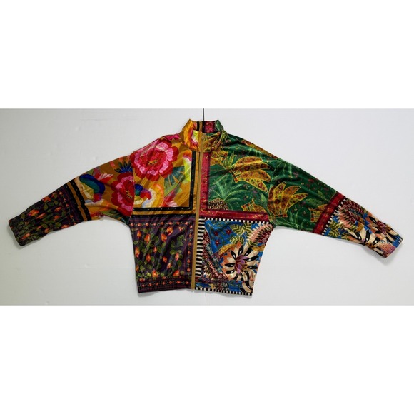 FARM Rio "Mixed Scarves" Velour Bomber Jacket Women's S Tropical Patchwork - Picture 6 of 16
